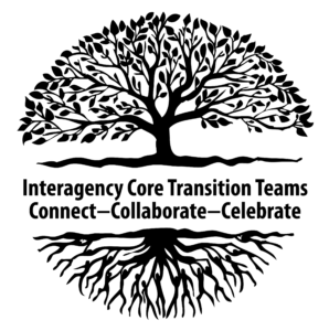 Picture of a black tree top and bottom with the words Interagency Core Transition Teams Connect -- Collaborate -- Celebrate in the middle